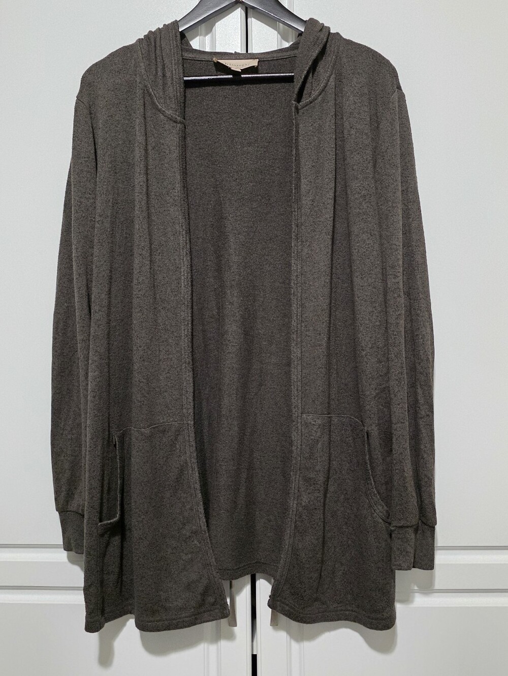 Philosphy Womens Dark Taupe Soft Knit Stretch Open Front Hooded Cardigan Pockets